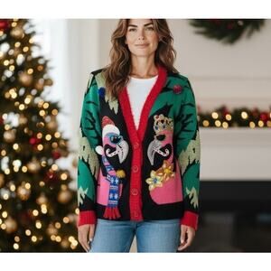 Ugly Christmas Sweater Cardigan Black Pink Flamingo SZ LG 33 Degrees Costume